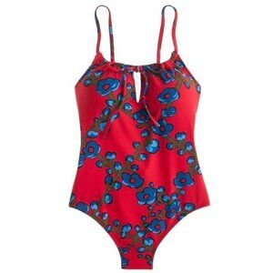 J. Crew Gathered Tie front One piece Swimsuit in Vintage Red Lattice Floral NWT